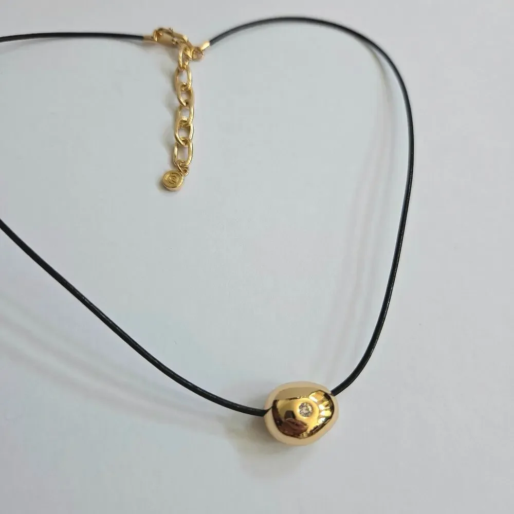 NIB Ettika Pavé Polished Pebble Leather Cord Pendant Necklace 18K Gold Plated